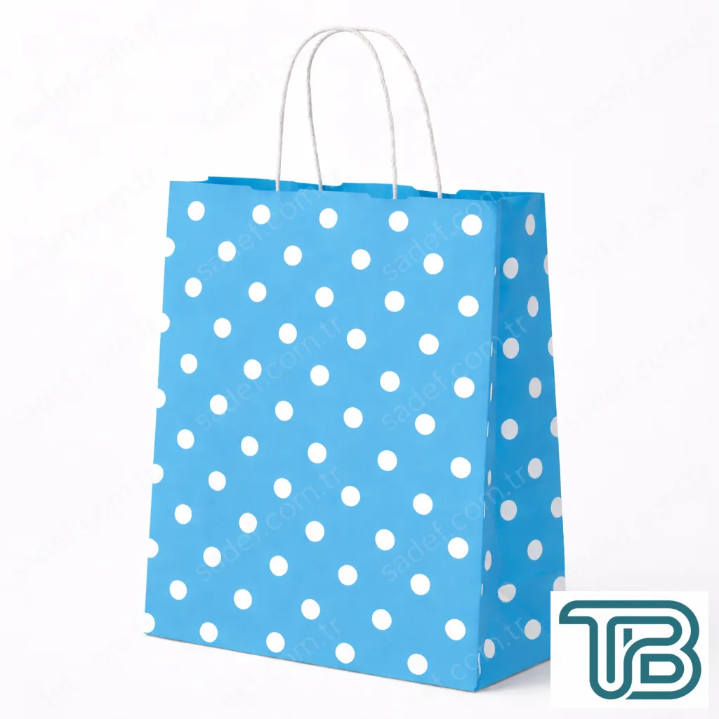 MAVİ PUANTİYELİ BÜKÜM SAPLI - BÜYÜK BOY KAĞIT ÇANTA 32X41 CM 100 ADET