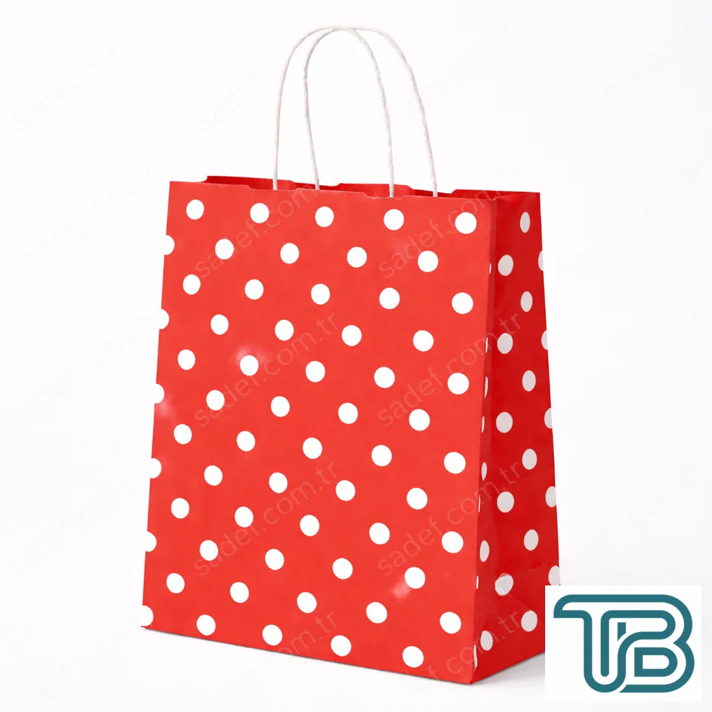 KIRMIZI PUANTİYELİ BÜKÜM SAPLI - BÜYÜK BOY KAĞIT ÇANTA 32X41 CM 100 ADET