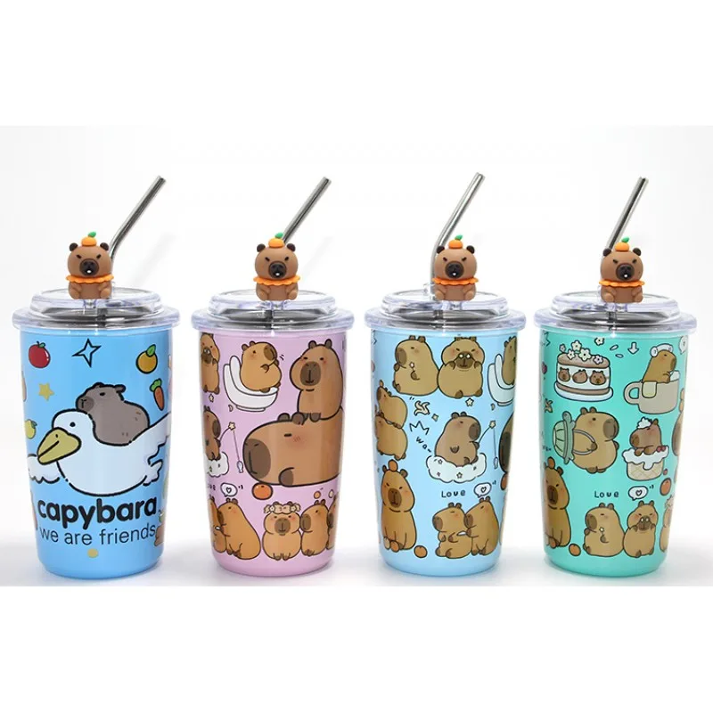 Capybara Tasarımlı Çelik Kupa Bardak - Isı Yalıtımlı - Pipetli Figürlü
