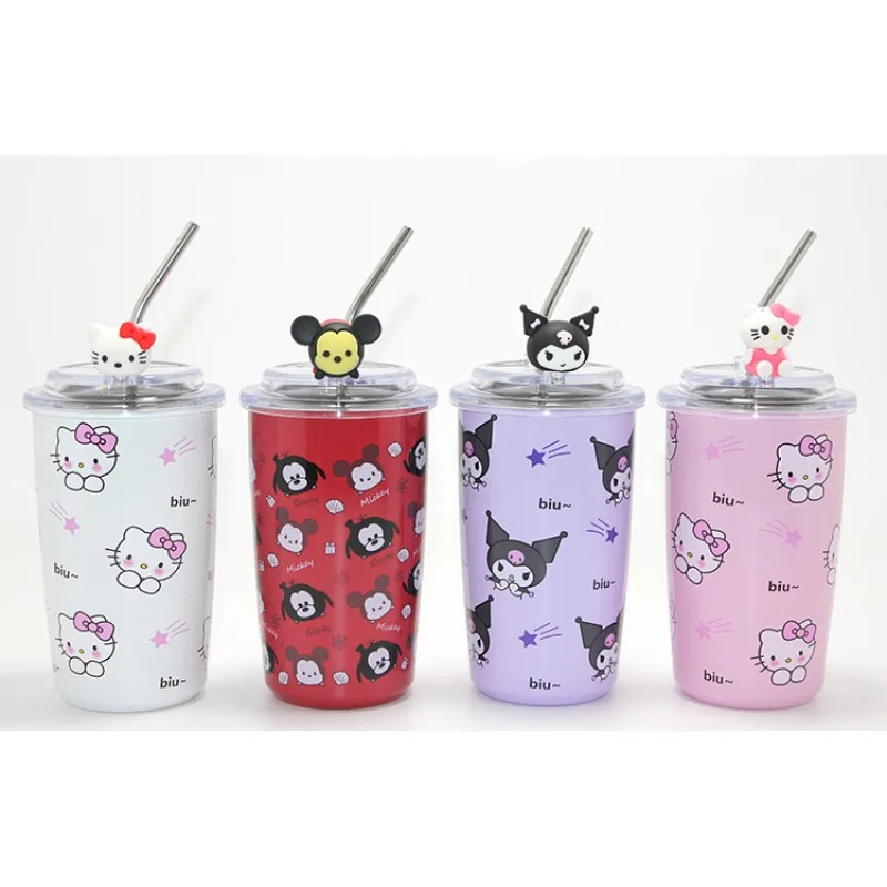 Sanrio Hello Kitty ve Kuromi Temalı Çelik Kupa Bardak - Isı Yalıtımlı - Pipetli