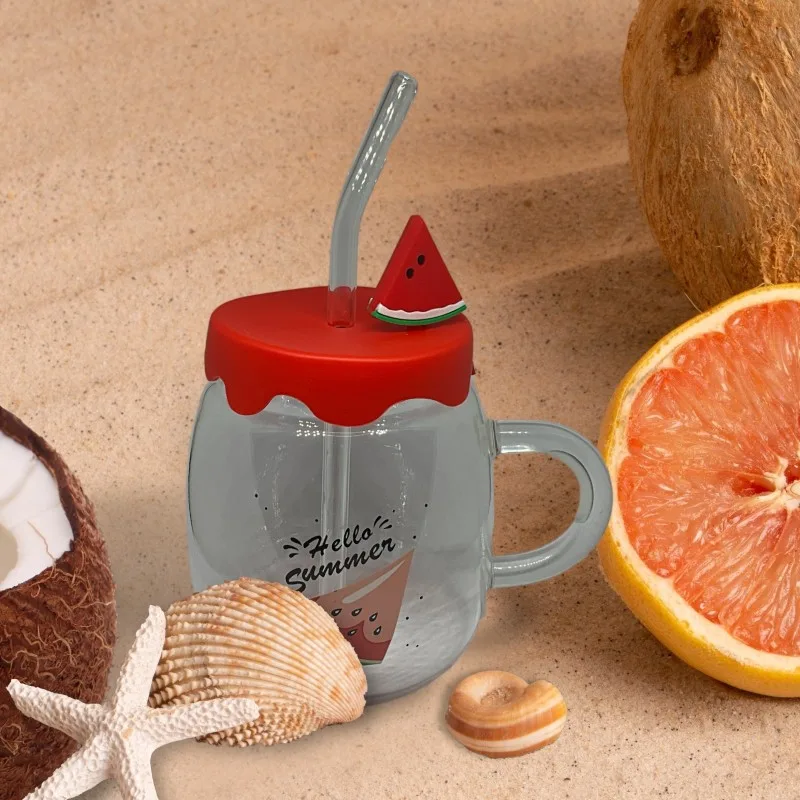 Karpuz Tasarımlı Cam Kupa Bardak - 450 ml - Silikon Kapaklı - Pipetli