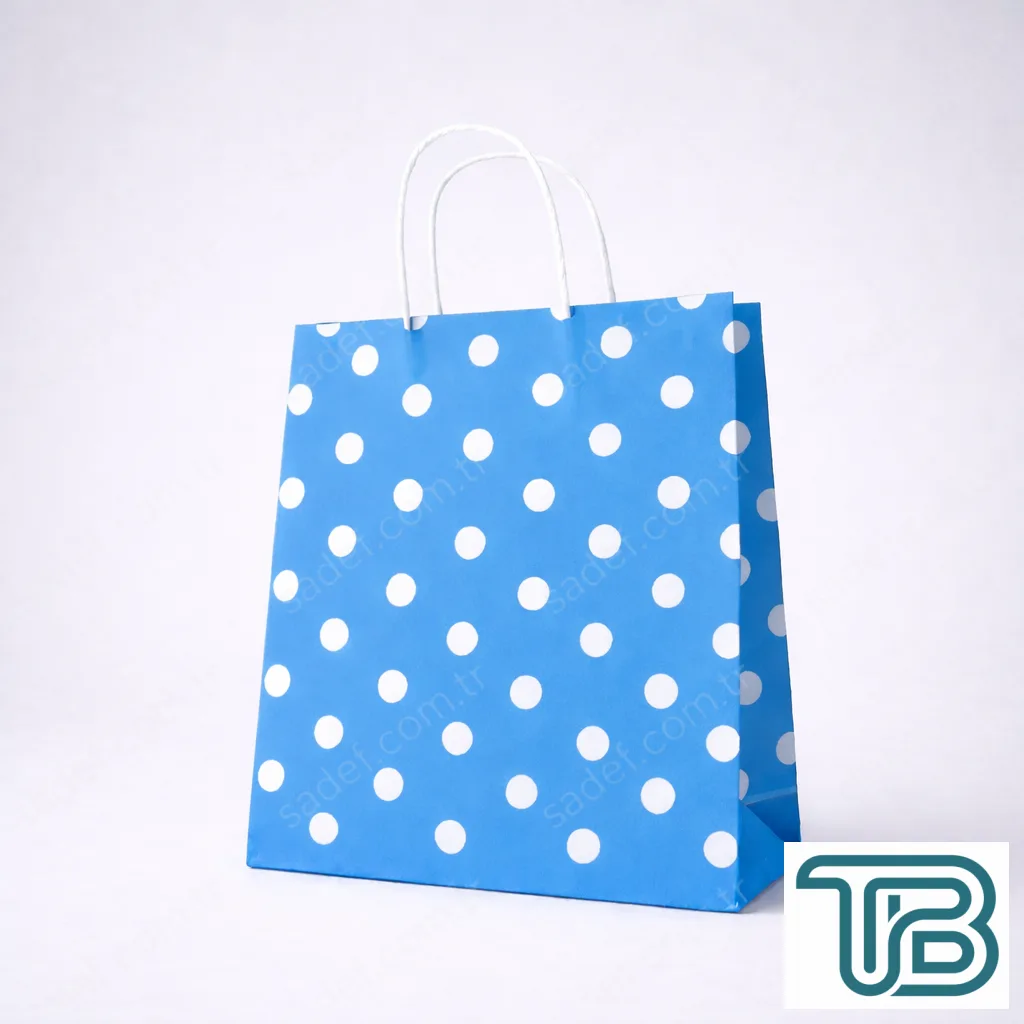 MAVİ PUANTİYELİ BÜKÜM SAPLI - ORTA BOY KAĞIT ÇANTA 25X31 CM 100 ADET