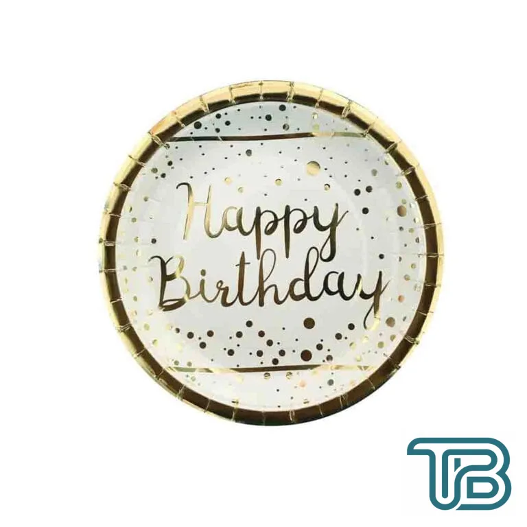 Karton Tabak Parlak Altın Varak Baskılı Happy Birthday (6 Adet) Beyaz - Eminönü ToptanS | Ticaretin Kalbinden