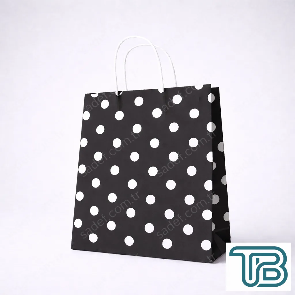 SİYAH PUANTİYELİ BÜKÜM SAPLI - ORTA BOY KAĞIT ÇANTA 25X31 CM 250 ADET